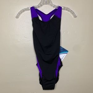 DOLPHINS OCEANS Swimsuit Black Purple One Piece Competition Racerback XS